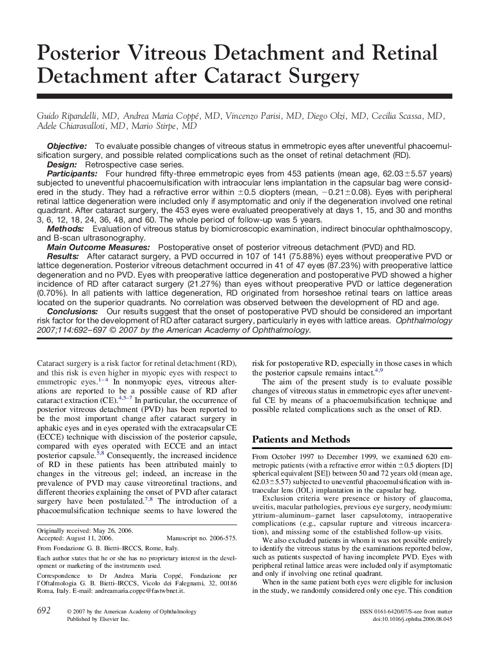 Posterior Vitreous Detachment and Retinal Detachment after Cataract Surgery