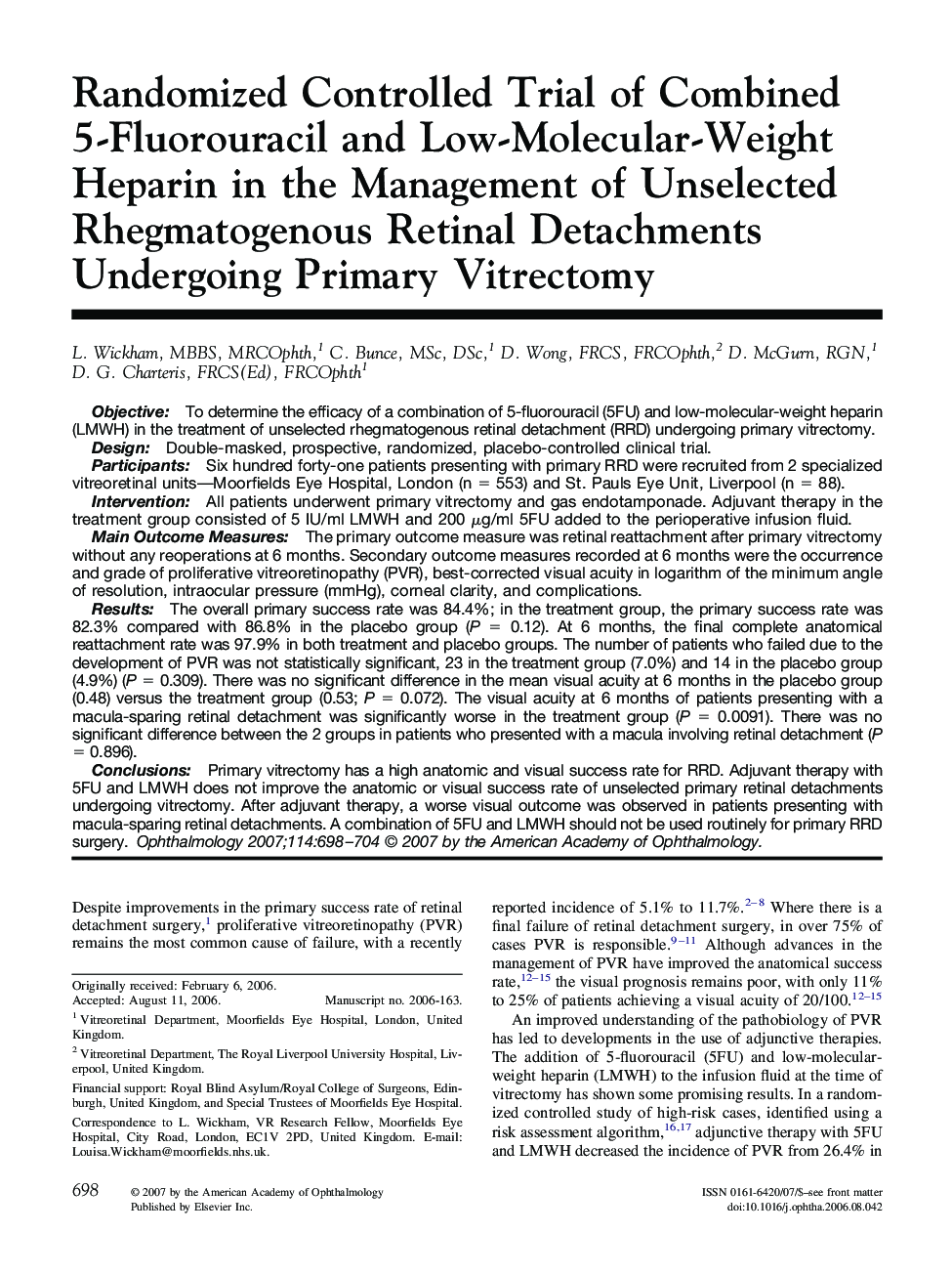Randomized Controlled Trial of Combined 5-Fluorouracil and Low-Molecular-Weight Heparin in the Management of Unselected Rhegmatogenous Retinal Detachments Undergoing Primary Vitrectomy