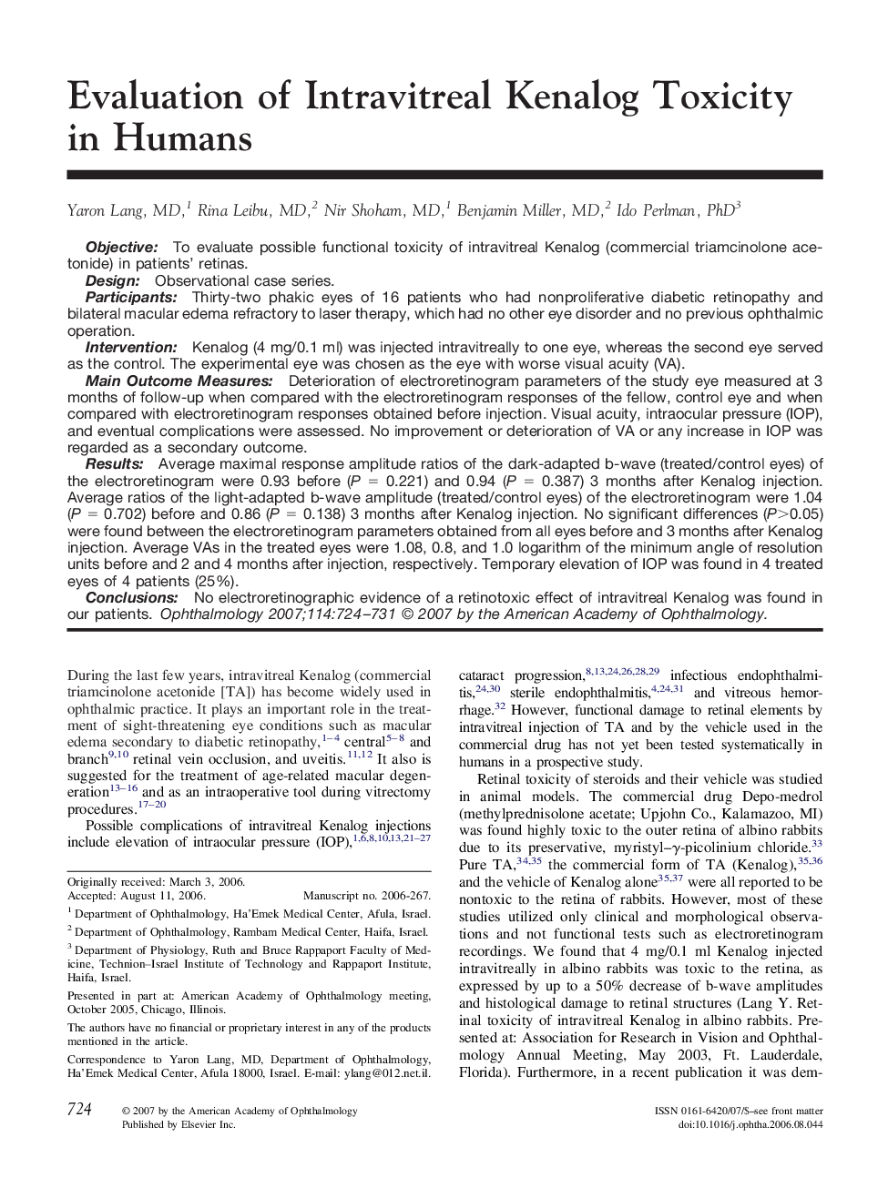 Evaluation of Intravitreal Kenalog Toxicity in Humans 