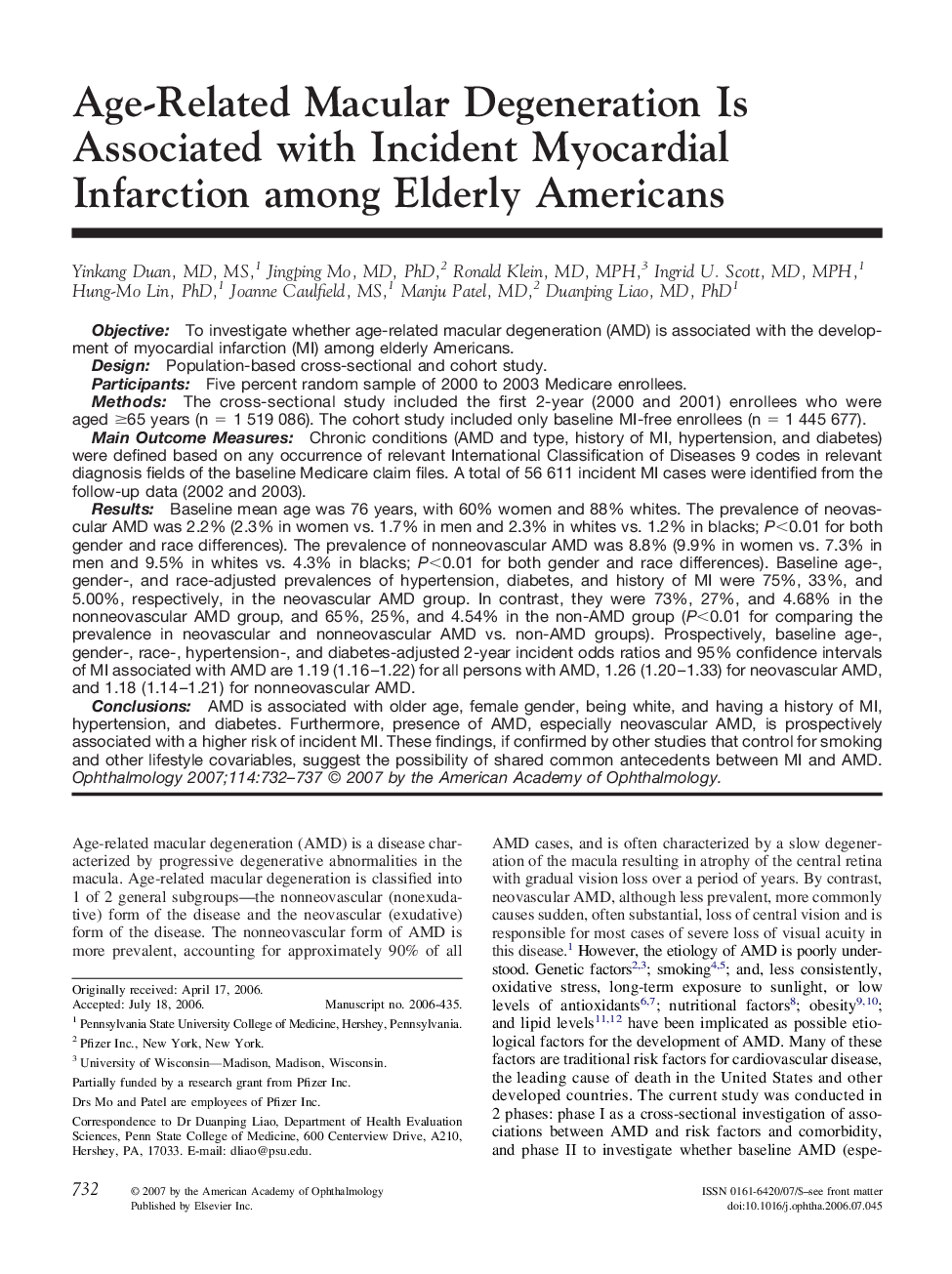 Age-Related Macular Degeneration Is Associated with Incident Myocardial Infarction among Elderly Americans 