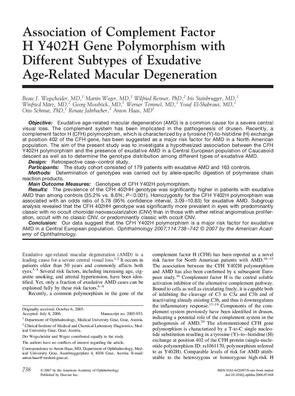 Association of Complement Factor H Y402H Gene Polymorphism with Different Subtypes of Exudative Age-Related Macular Degeneration