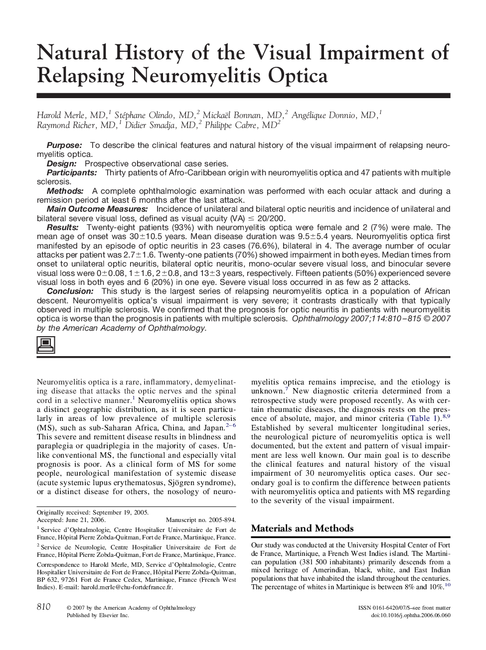 Natural History of the Visual Impairment of Relapsing Neuromyelitis Optica