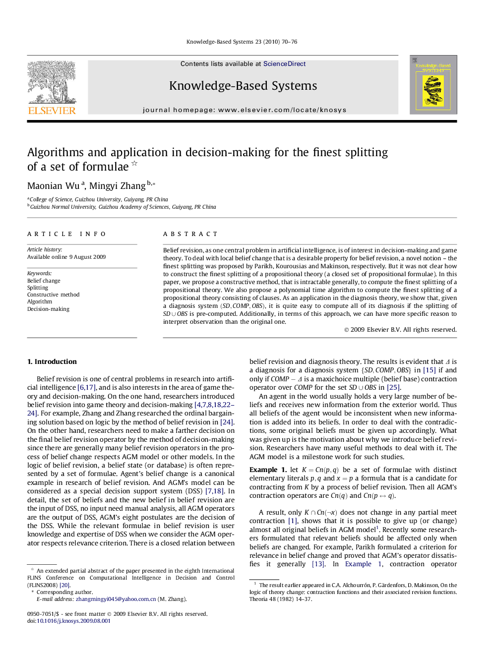 Algorithms and application in decision-making for the finest splitting of a set of formulae 