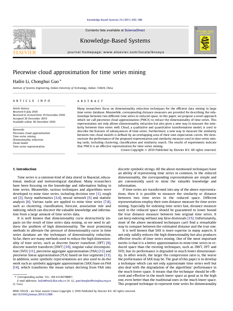 Piecewise cloud approximation for time series mining