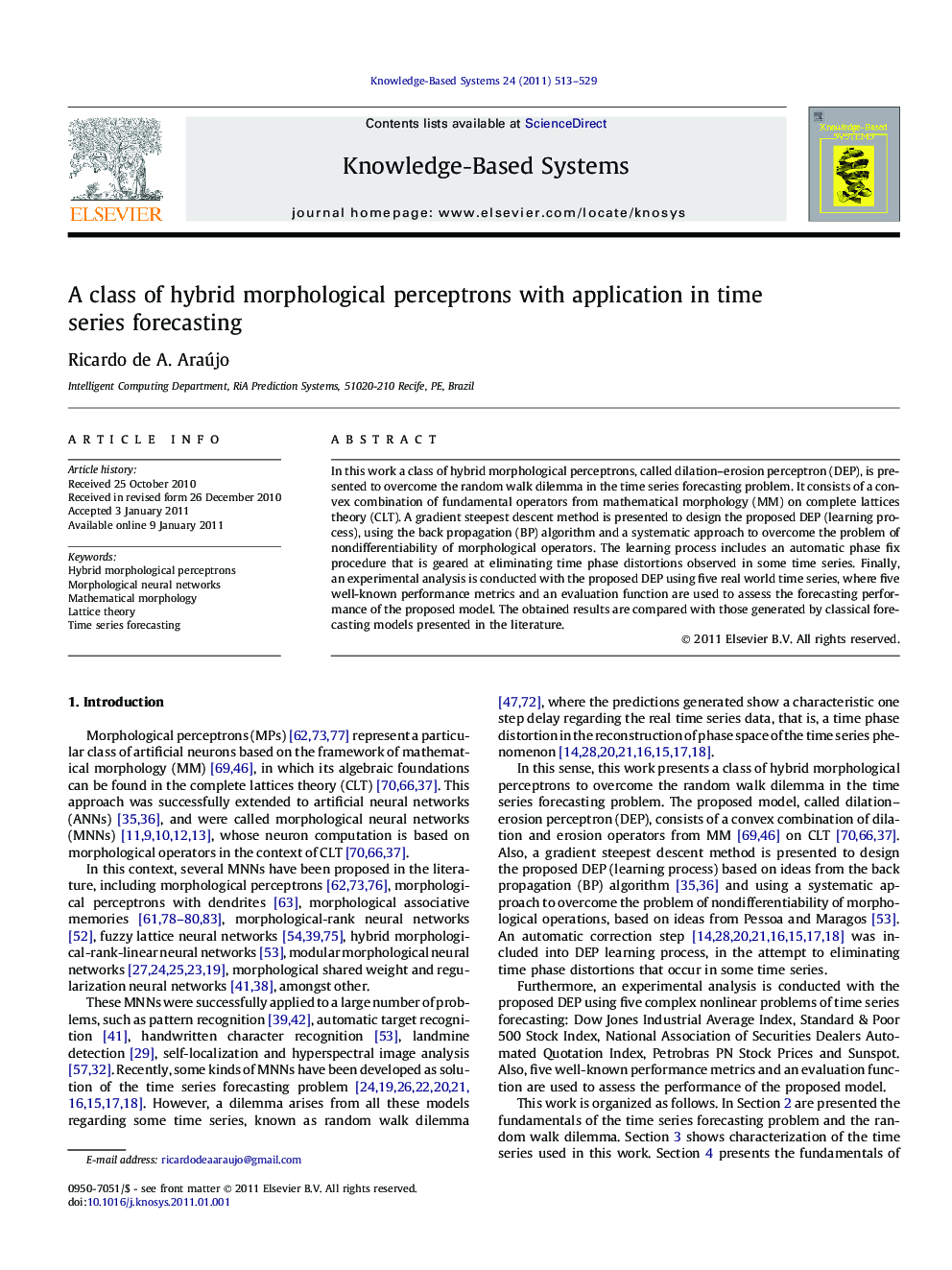 A class of hybrid morphological perceptrons with application in time series forecasting