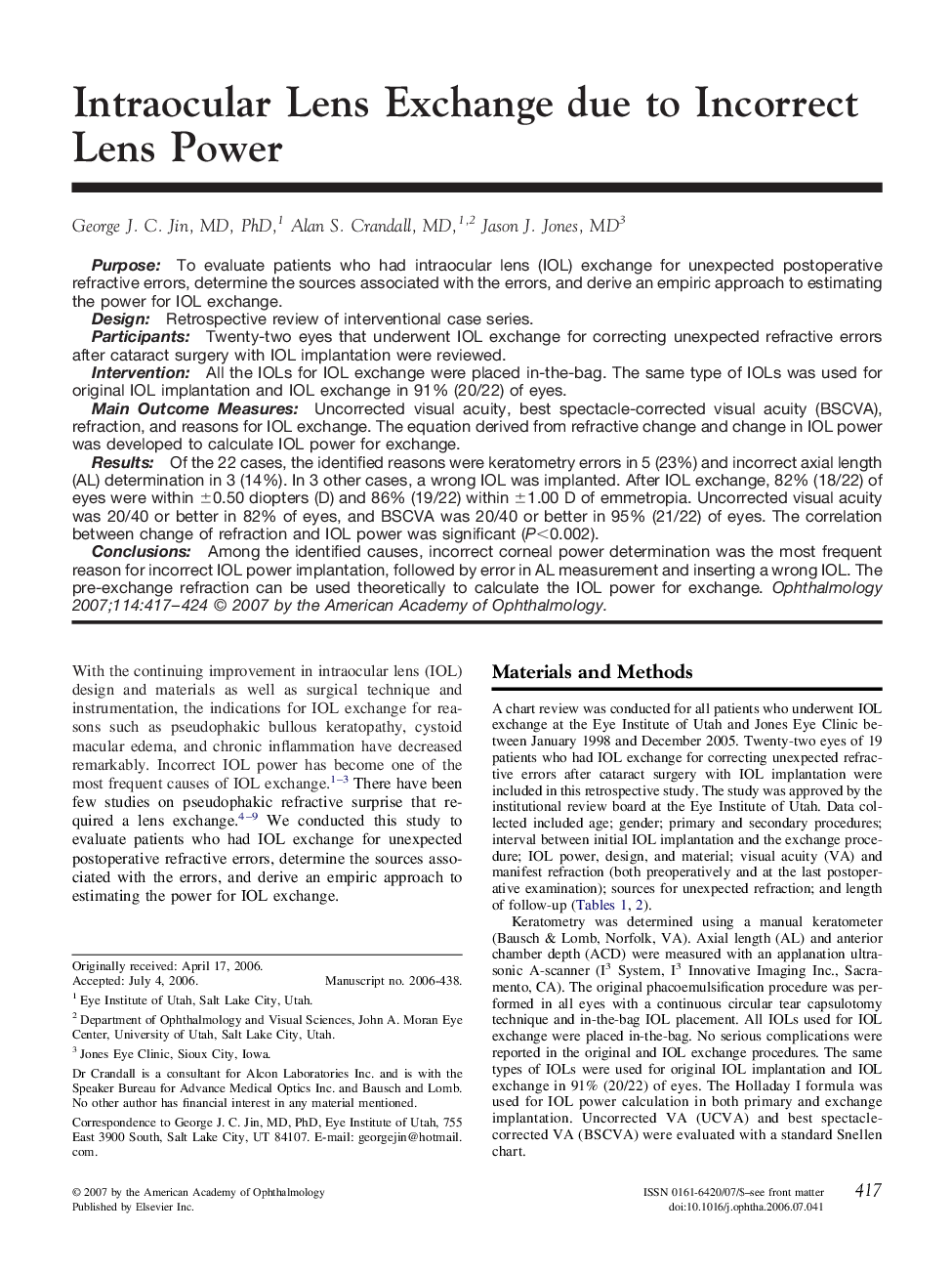 Intraocular Lens Exchange due to Incorrect Lens Power