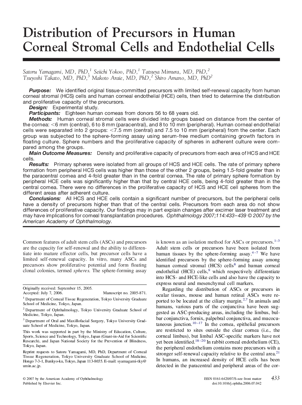 Distribution of Precursors in Human Corneal Stromal Cells and Endothelial Cells