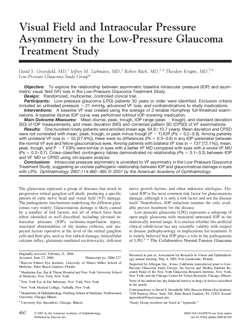 Visual Field and Intraocular Pressure Asymmetry in the Low-Pressure Glaucoma Treatment Study
