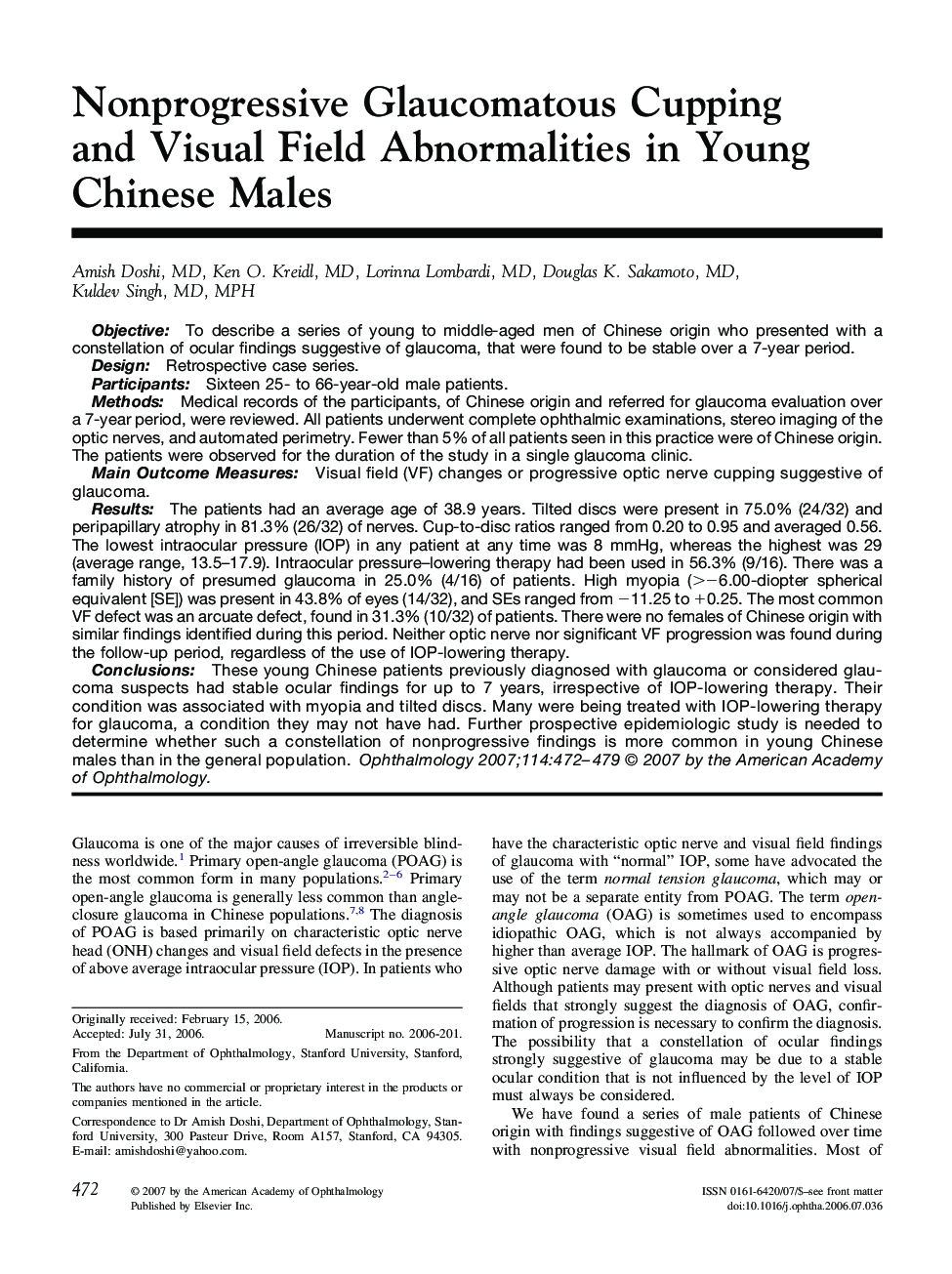 Nonprogressive Glaucomatous Cupping and Visual Field Abnormalities in Young Chinese Males 