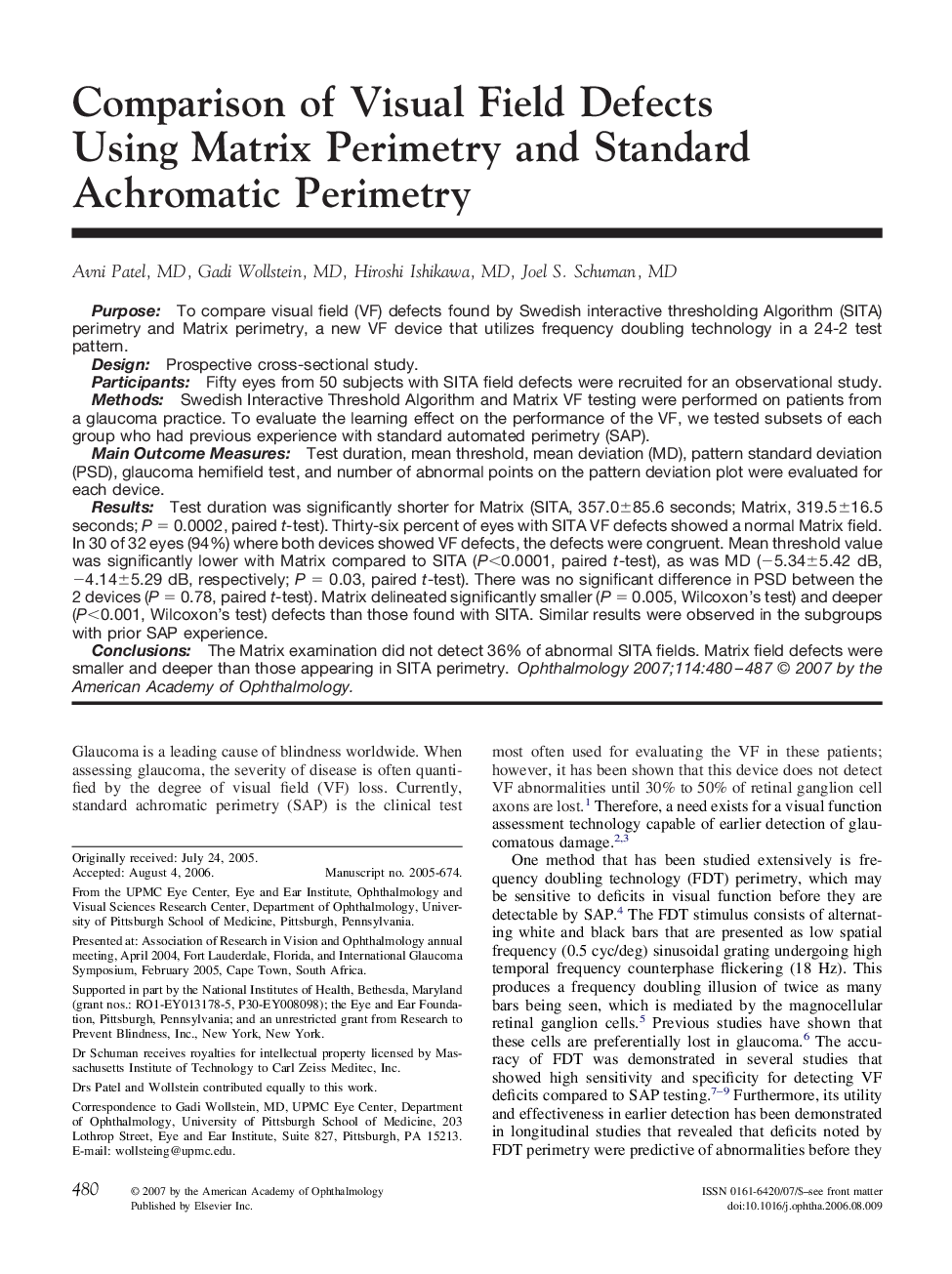Comparison of Visual Field Defects Using Matrix Perimetry and Standard Achromatic Perimetry
