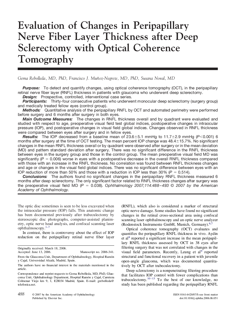 Evaluation of Changes in Peripapillary Nerve Fiber Layer Thickness after Deep Sclerectomy with Optical Coherence Tomography 