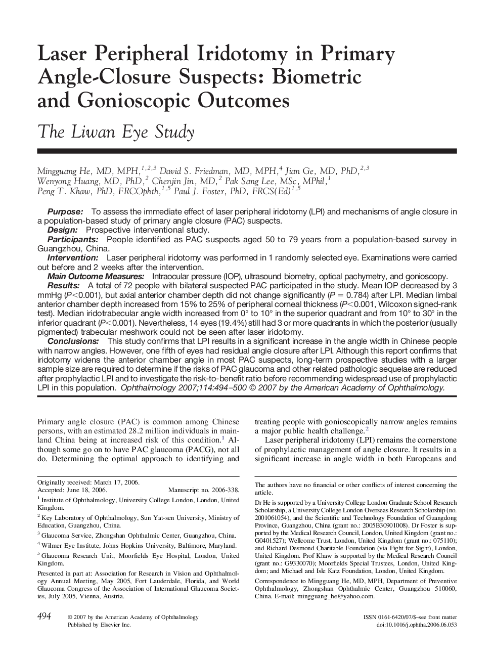 Laser Peripheral Iridotomy in Primary Angle-Closure Suspects: Biometric and Gonioscopic Outcomes : The Liwan Eye Study