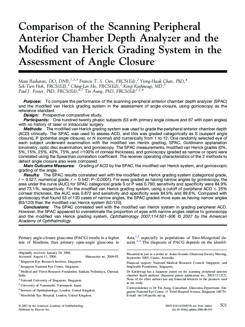 Comparison of the Scanning Peripheral Anterior Chamber Depth Analyzer and the Modified van Herick Grading System in the Assessment of Angle Closure 