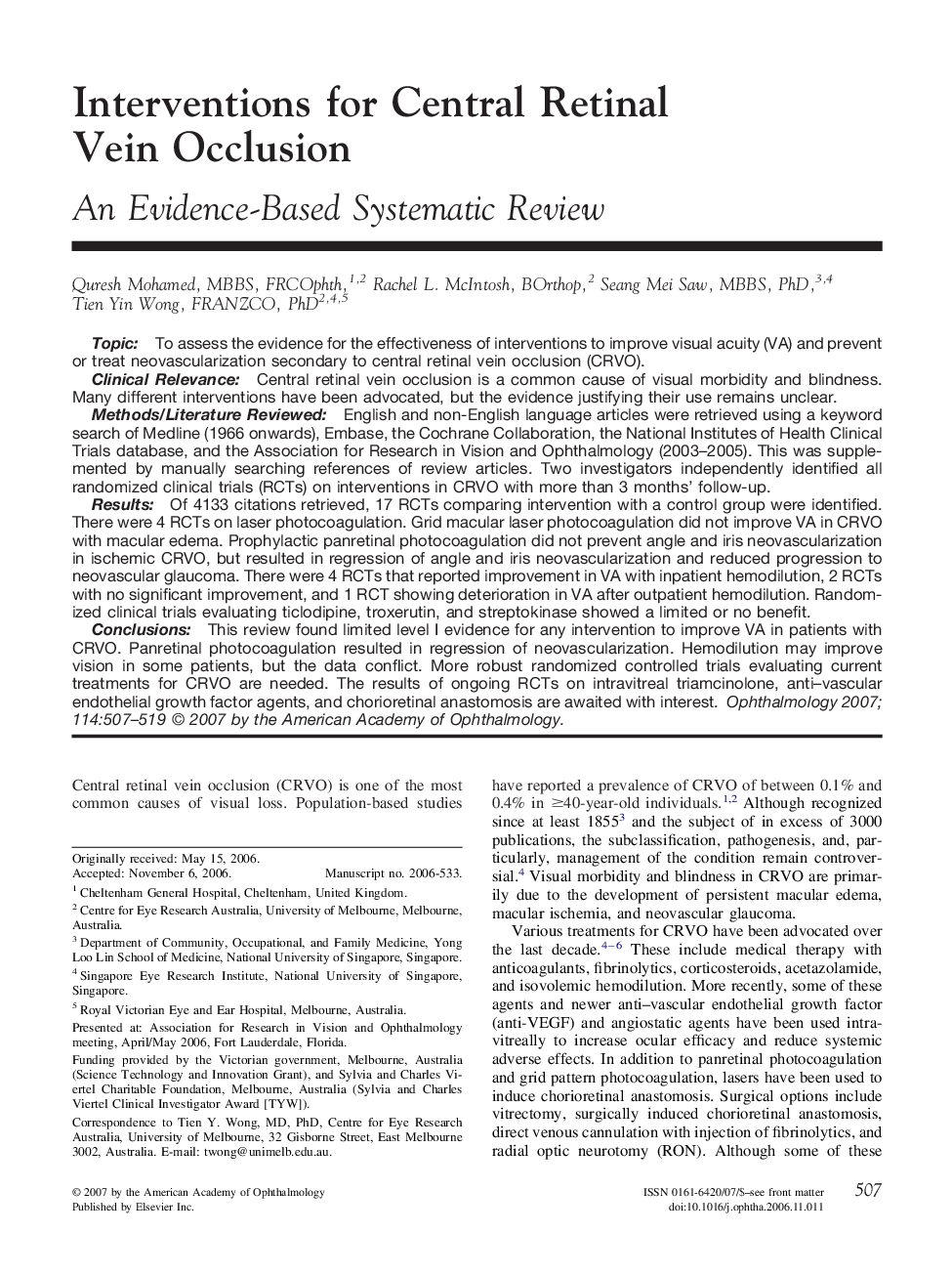 Interventions for Central Retinal Vein Occlusion