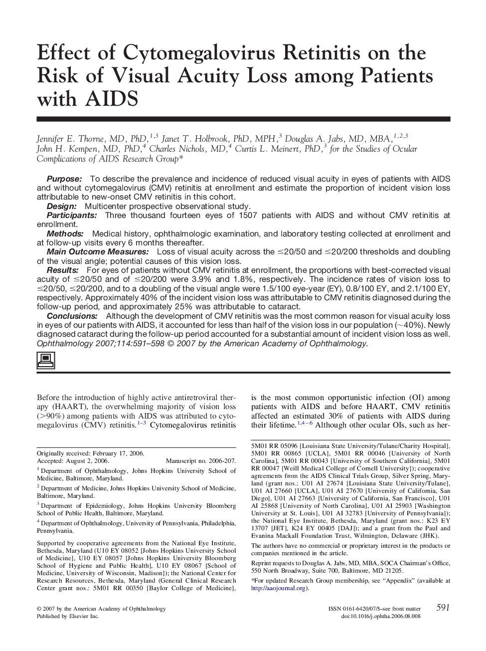 Effect of Cytomegalovirus Retinitis on the Risk of Visual Acuity Loss among Patients with AIDS