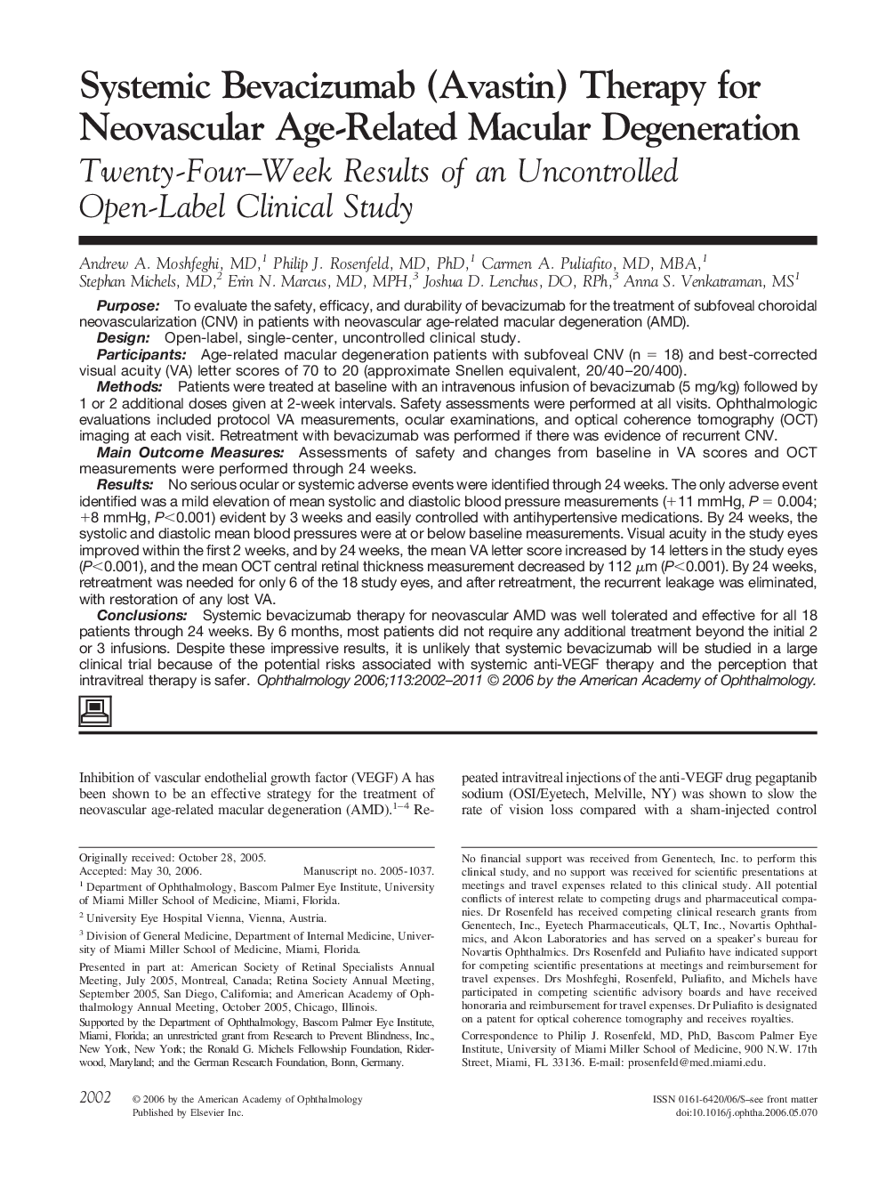 Systemic Bevacizumab (Avastin) Therapy for Neovascular Age-Related Macular Degeneration