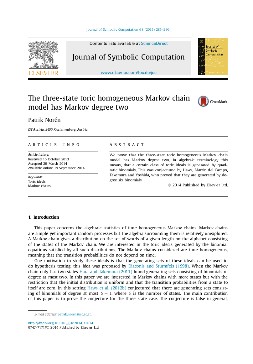 The three-state toric homogeneous Markov chain model has Markov degree two