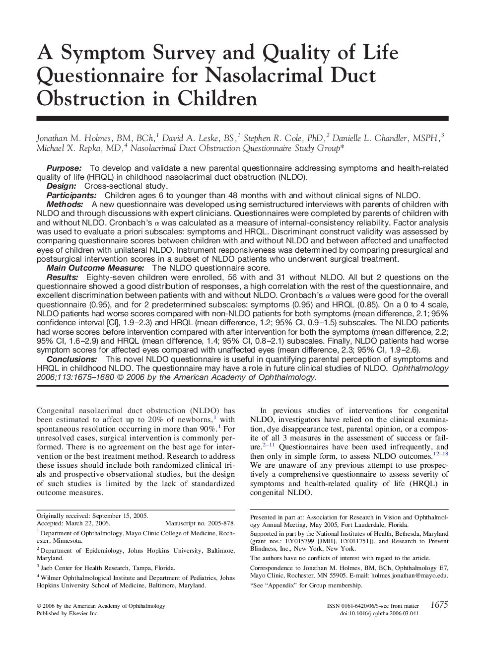 A Symptom Survey and Quality of Life Questionnaire for Nasolacrimal Duct Obstruction in Children