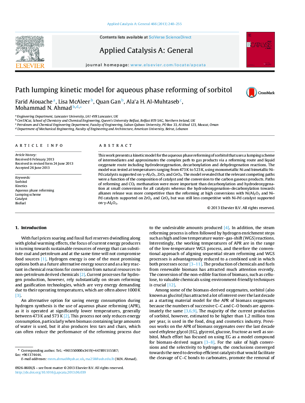 Path lumping kinetic model for aqueous phase reforming of sorbitol