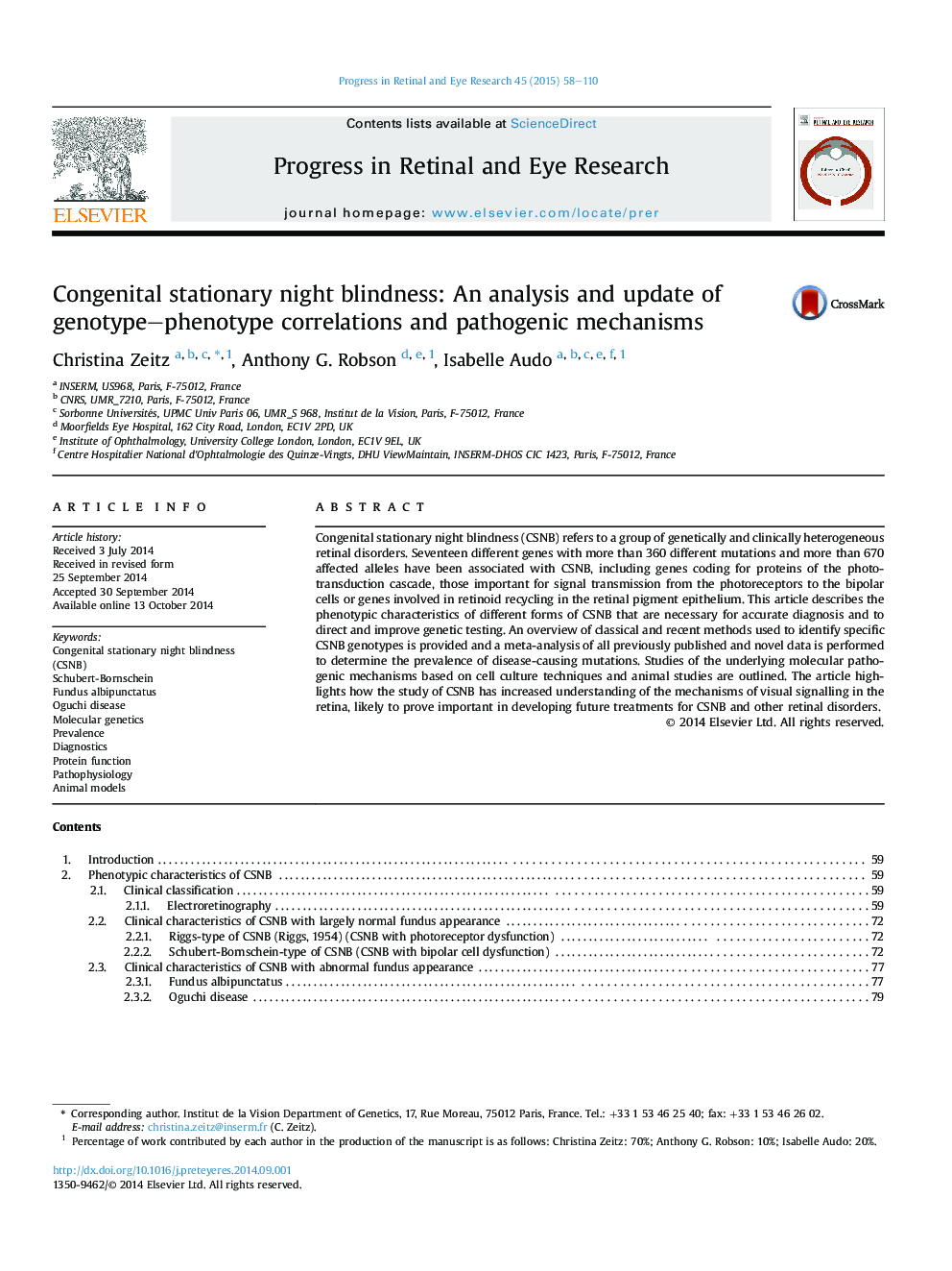 Congenital stationary night blindness: An analysis and update of genotype–phenotype correlations and pathogenic mechanisms