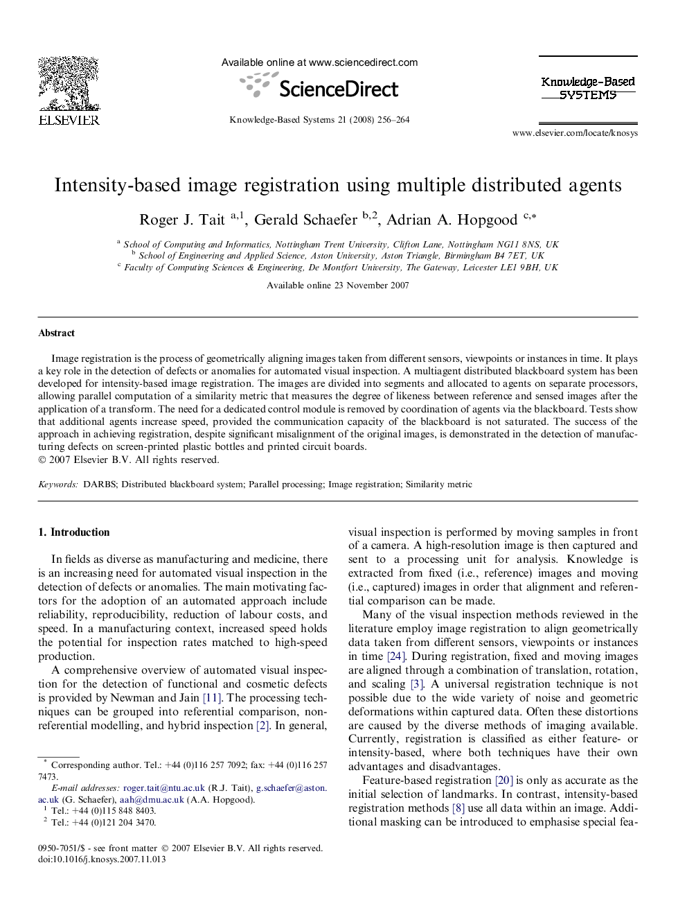 Intensity-based image registration using multiple distributed agents