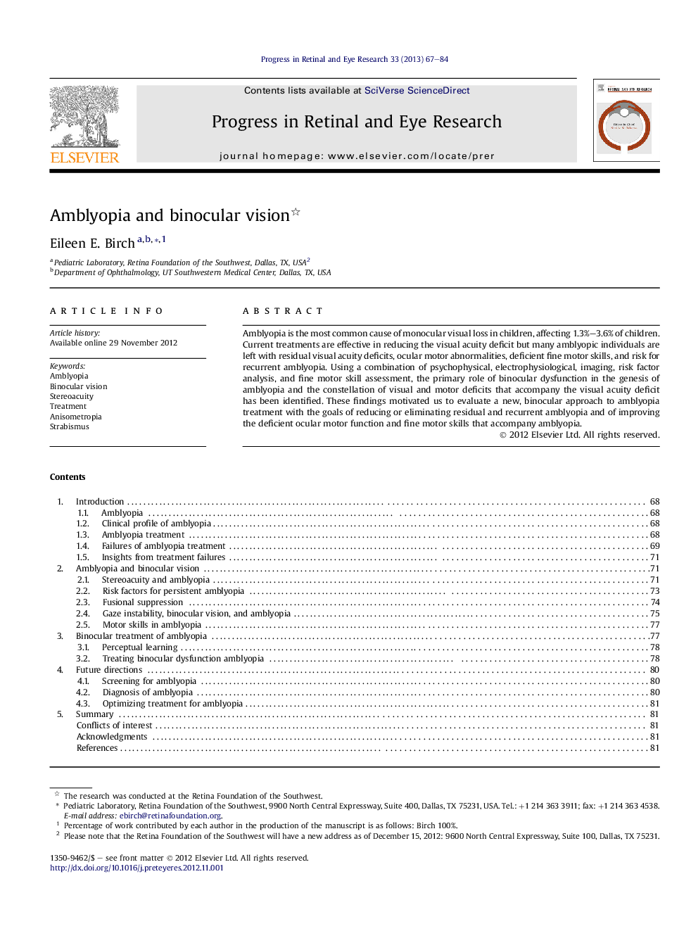 Amblyopia and binocular vision 