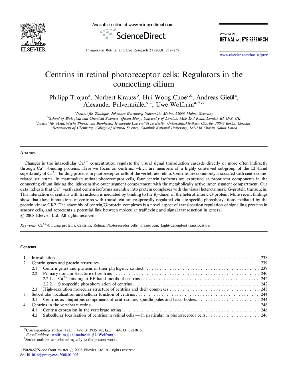 Centrins in retinal photoreceptor cells: Regulators in the connecting cilium