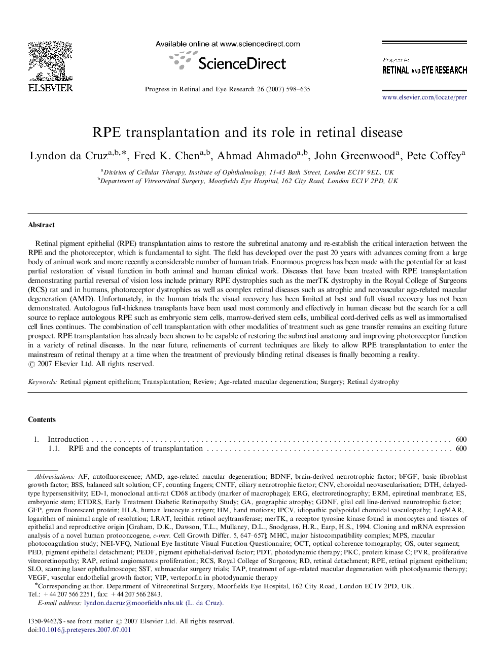 RPE transplantation and its role in retinal disease