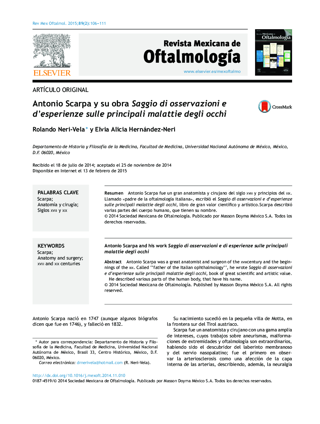 عکس صفحه اول مقاله: Antonio Scarpa y su obra Saggio di osservazioni e d’esperienze sulle principali malattie degli occhi Antonio Scarpa y su obra Saggio di osservazioni e d’esperienze sulle principali malattie degli occhi