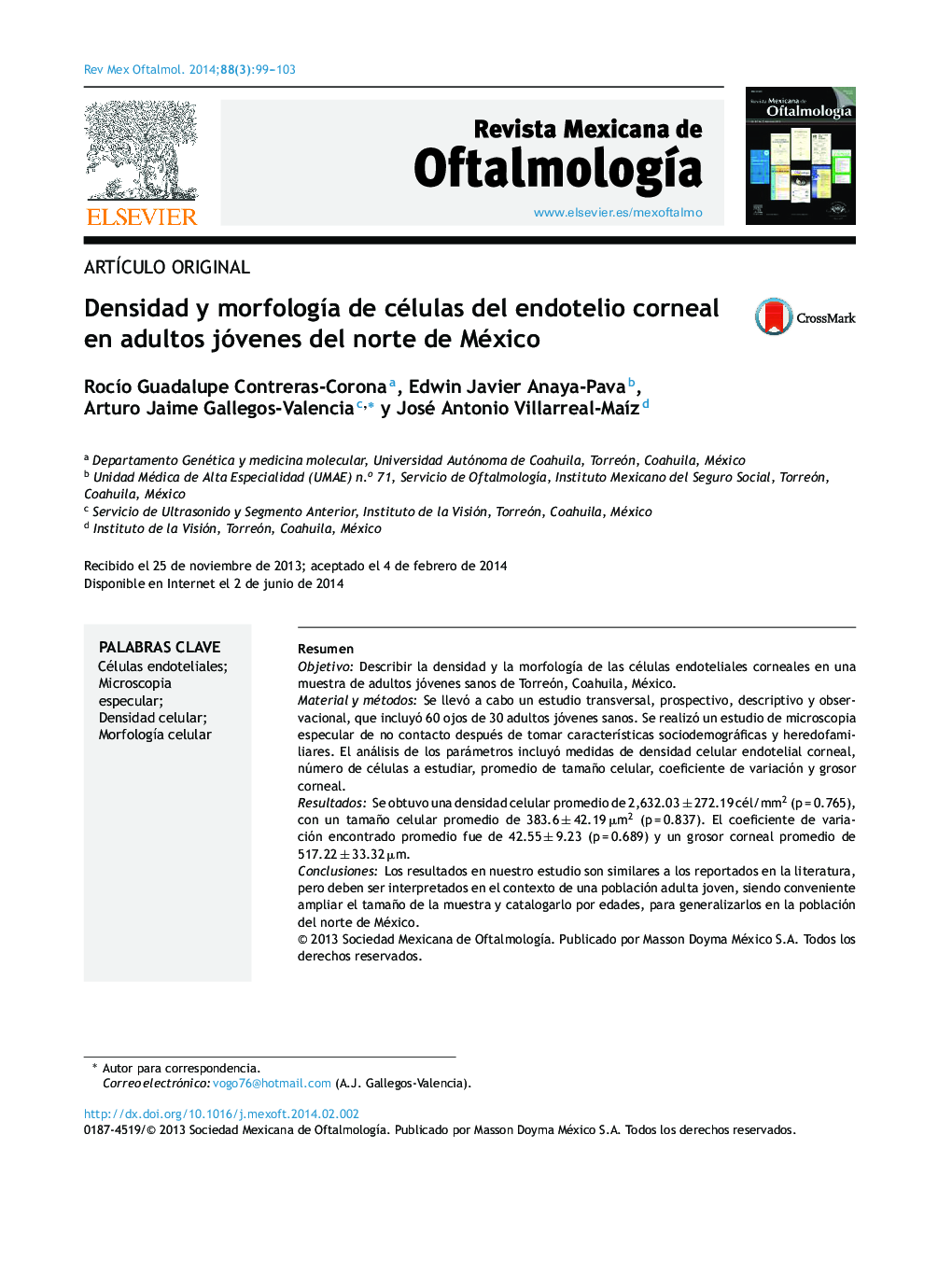 Densidad y morfología de células del endotelio corneal en adultos jóvenes del norte de México