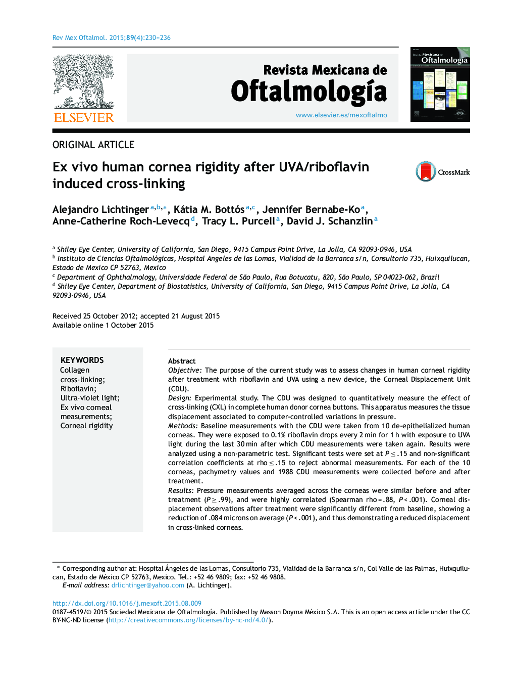 Ex vivo human cornea rigidity after UVA/riboflavin induced cross-linking