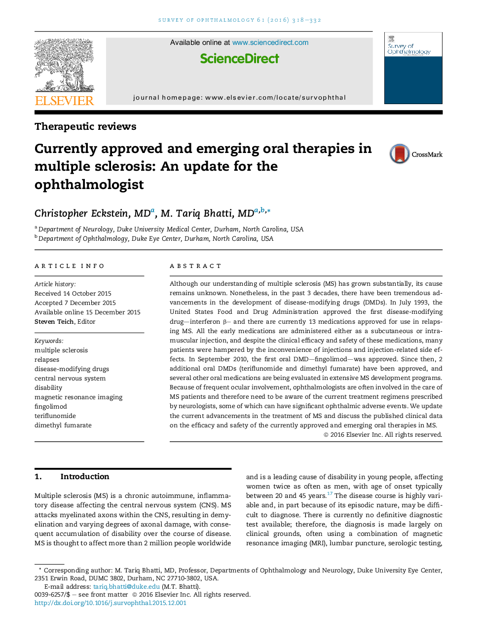 Currently approved and emerging oral therapies in multiple sclerosis: An update for the ophthalmologist