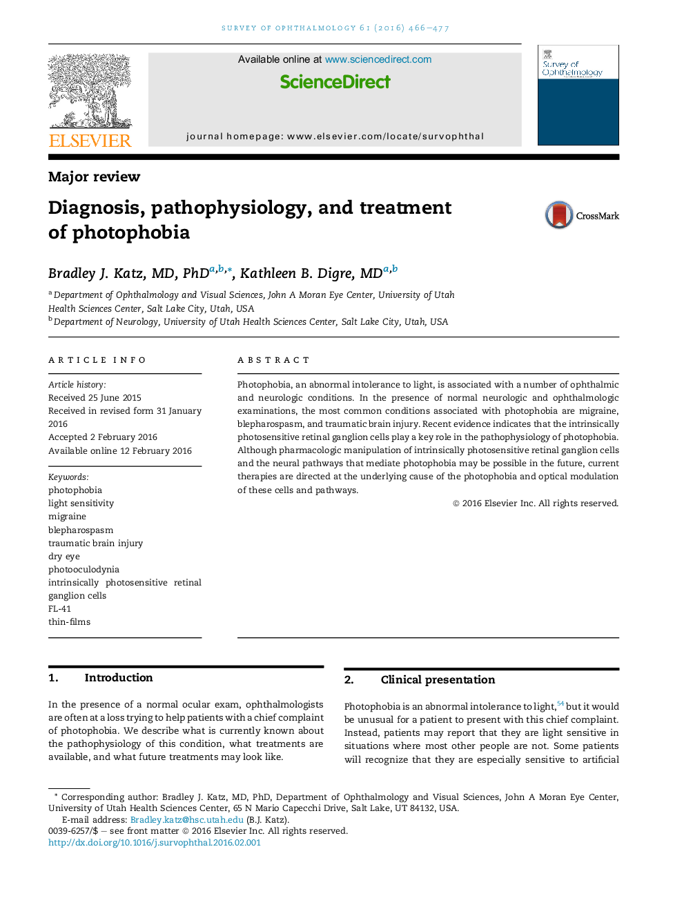 Diagnosis, pathophysiology, and treatment of photophobia