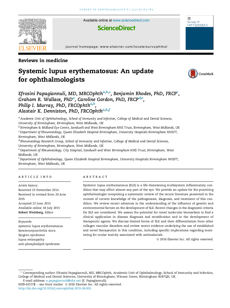 Systemic lupus erythematosus: An update for ophthalmologists