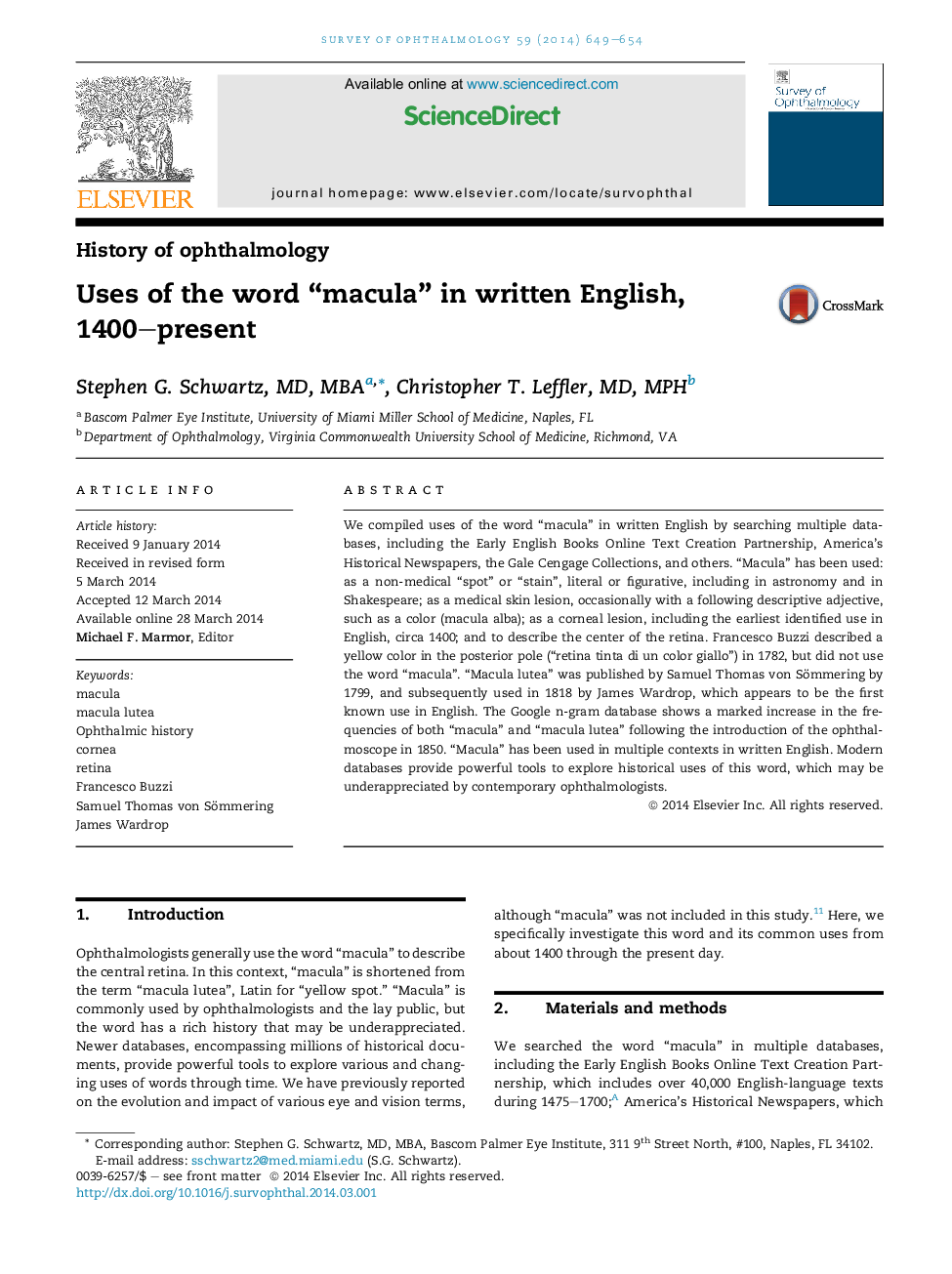 Uses of the word “macula” in written English, 1400–present