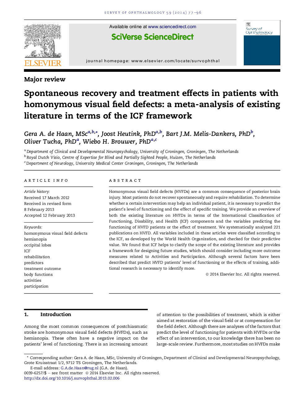 Spontaneous recovery and treatment effects in patients with homonymous visual field defects: a meta-analysis of existing literature in terms of the ICF framework