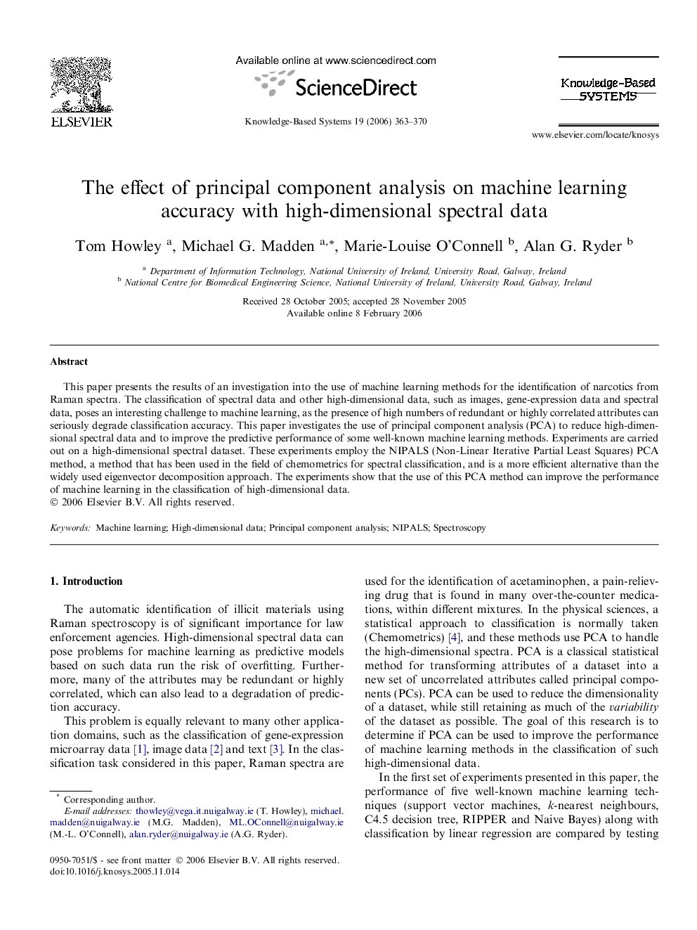 The effect of principal component analysis on machine learning accuracy with high-dimensional spectral data