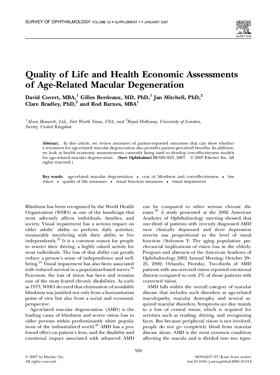 Quality of Life and Health Economic Assessments of Age-Related Macular Degeneration 