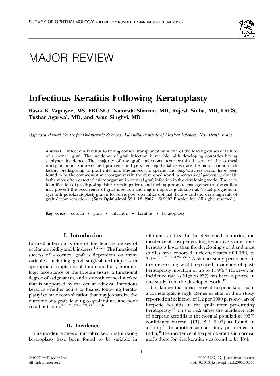 Infectious Keratitis Following Keratoplasty 