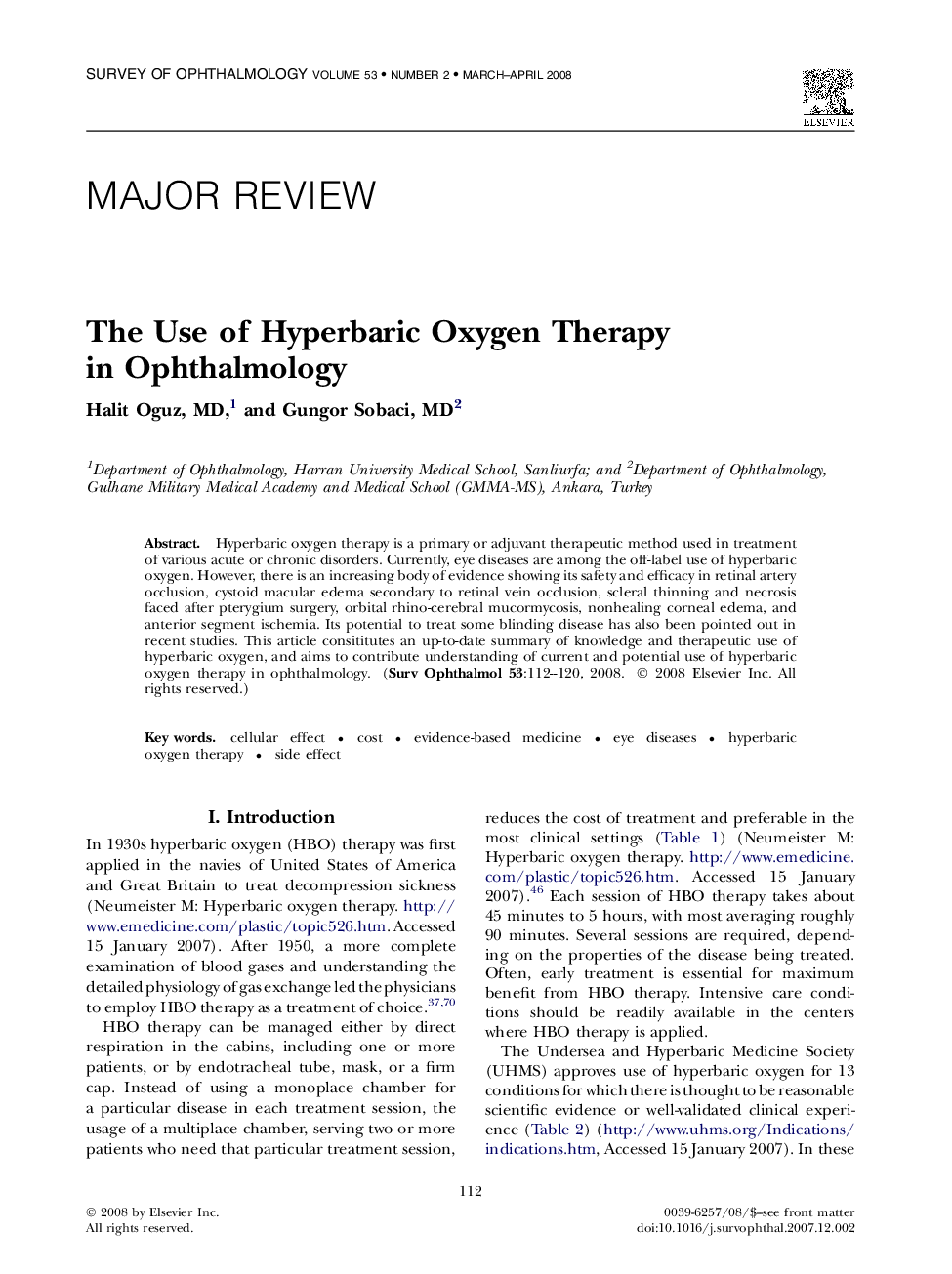 The Use of Hyperbaric Oxygen Therapy in Ophthalmology 