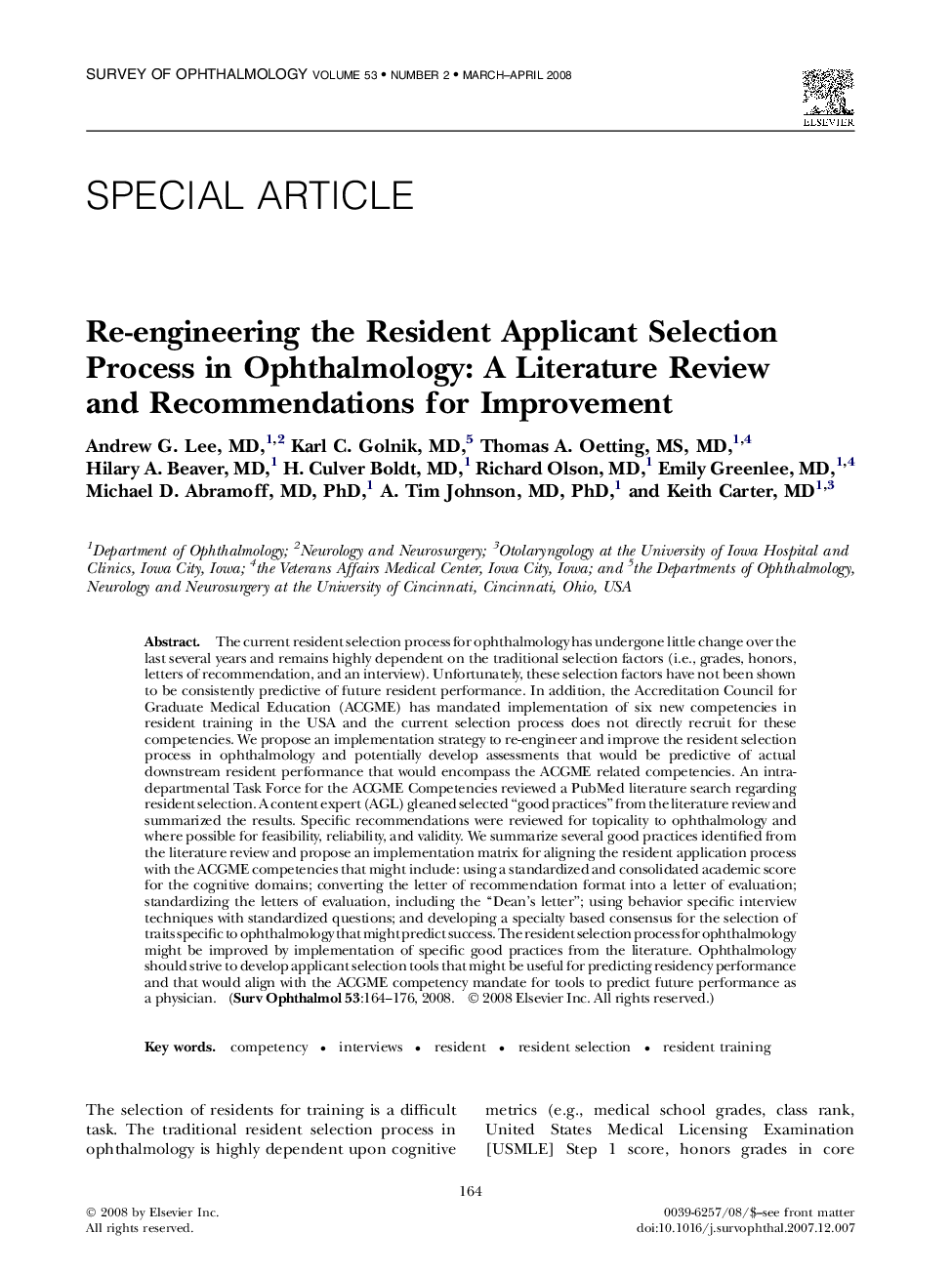 Re-engineering the Resident Applicant Selection Process in Ophthalmology: A Literature Review and Recommendations for Improvement 