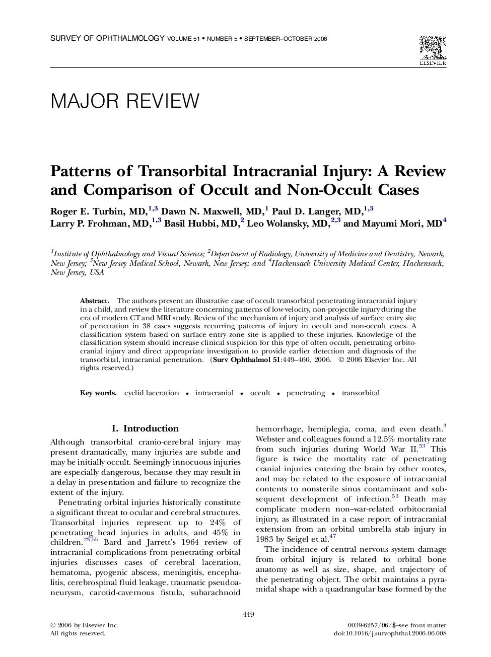 Patterns of Transorbital Intracranial Injury: A Review and Comparison of Occult and Non-Occult Cases