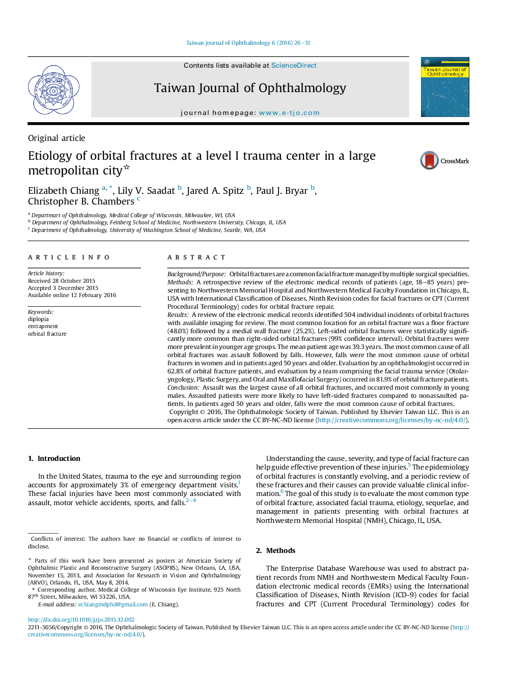 عکس صفحه اول مقاله: Etiology of orbital fractures at a level I trauma center in a large metropolitan city Etiology of orbital fractures at a level I trauma center in a large metropolitan city