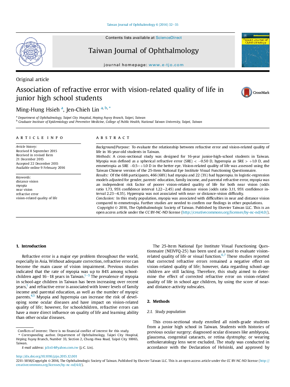 Association of refractive error with vision-related quality of life in junior high school students 