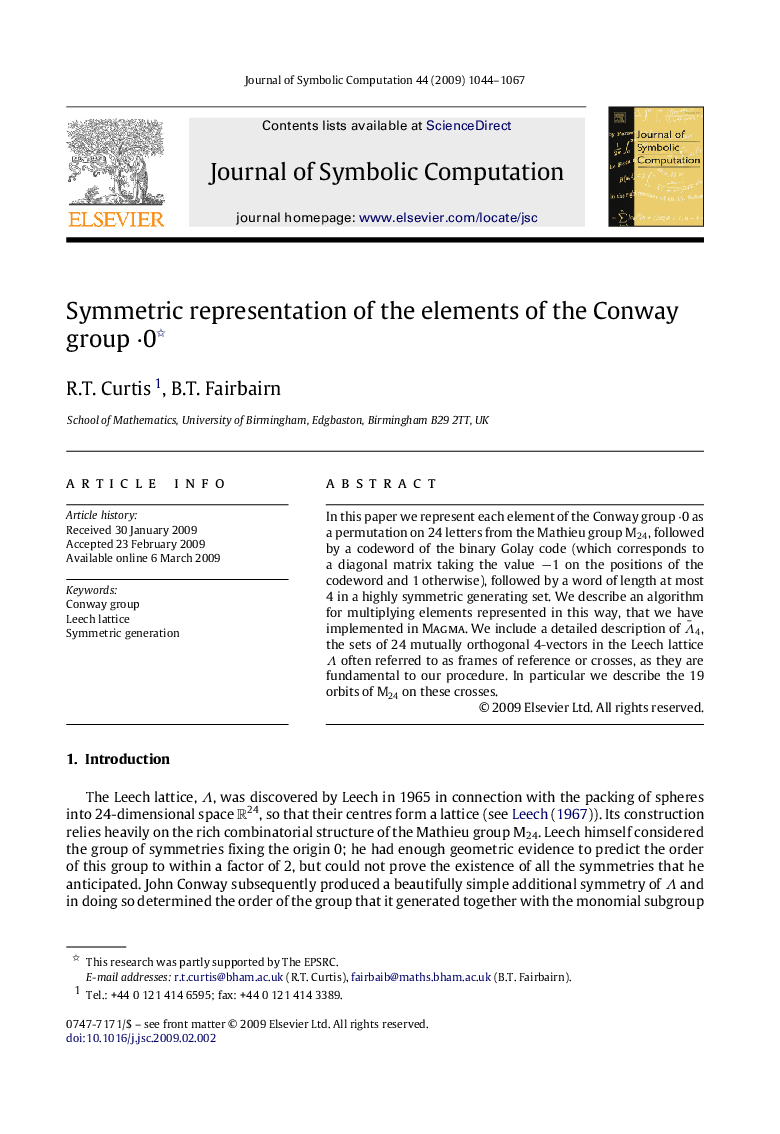 Symmetric representation of the elements of the Conway group ⋅0 