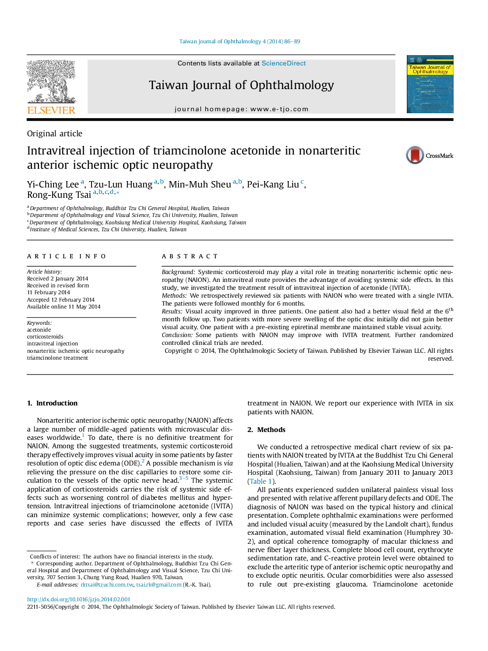 Intravitreal injection of triamcinolone acetonide in nonarteritic anterior ischemic optic neuropathy 