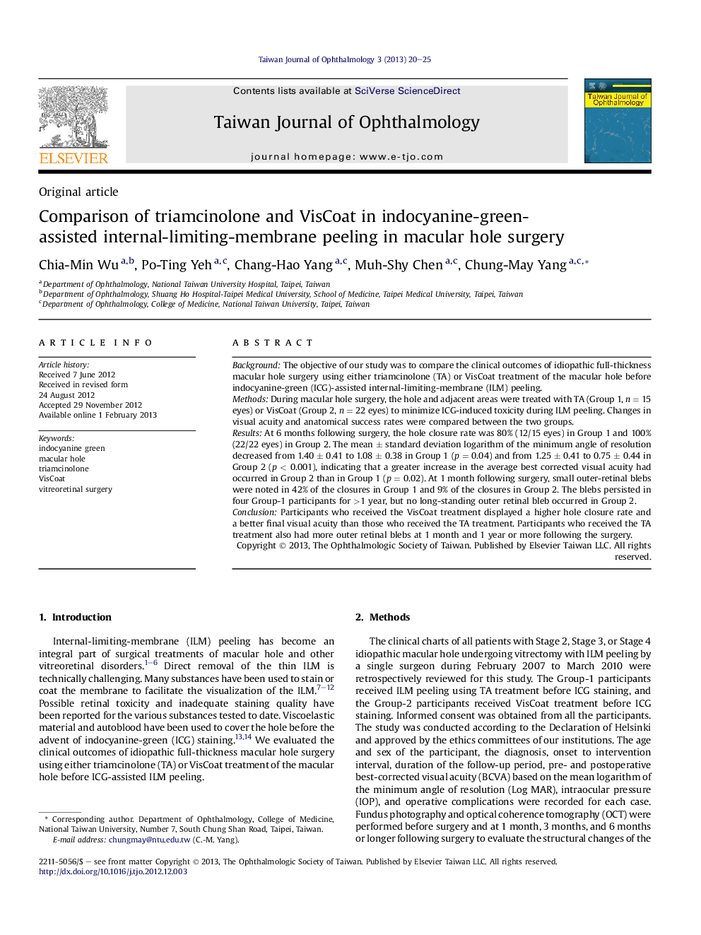 Comparison of triamcinolone and VisCoat in indocyanine-green-assisted internal-limiting-membrane peeling in macular hole surgery