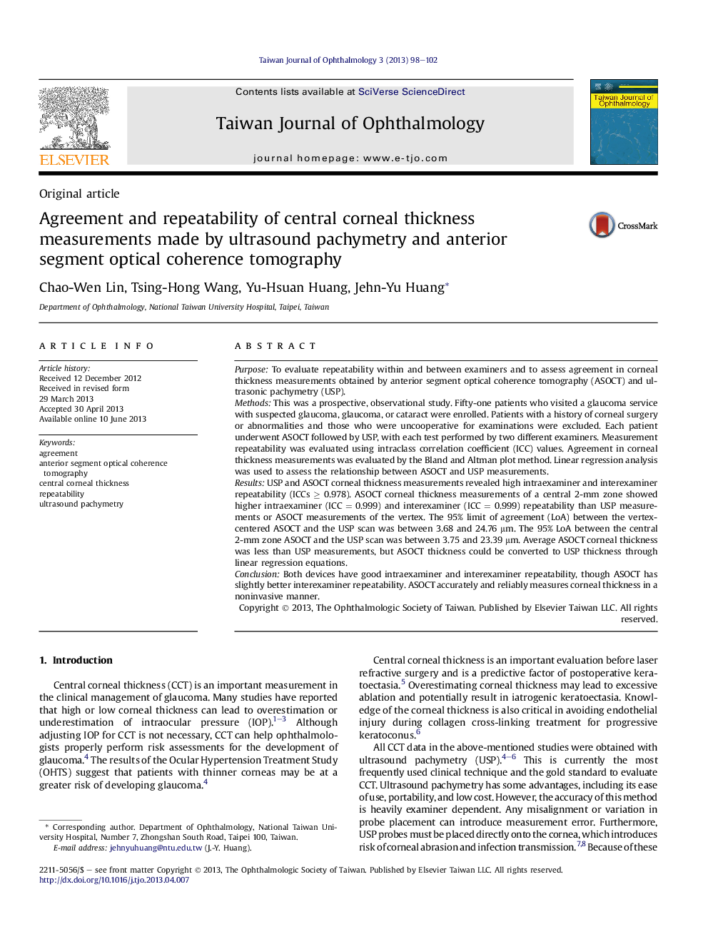 Agreement and repeatability of central corneal thickness measurements made by ultrasound pachymetry and anterior segment optical coherence tomography