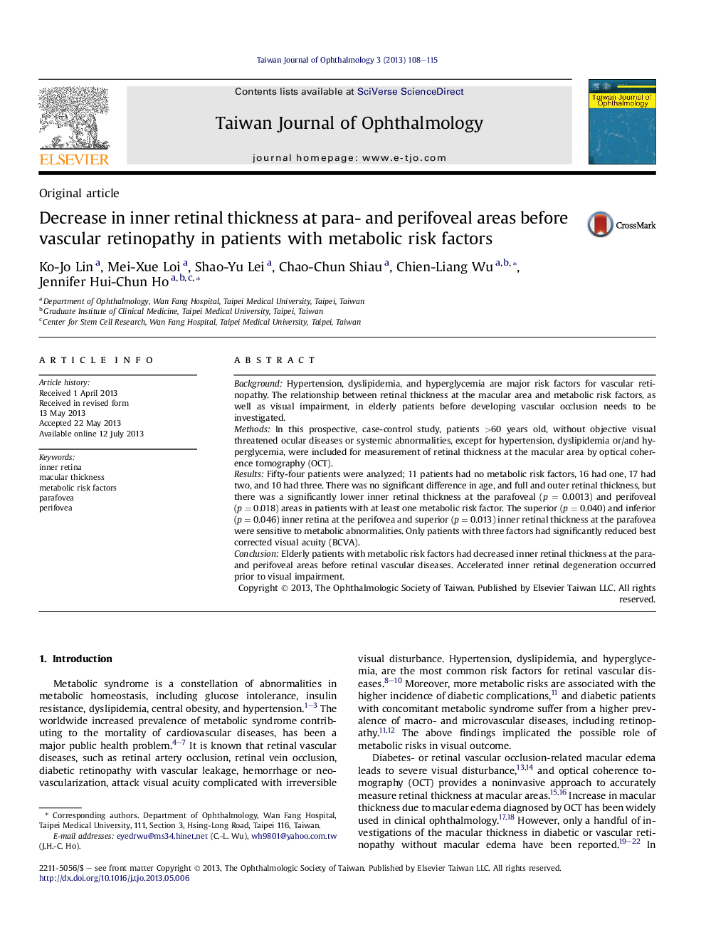 Decrease in inner retinal thickness at para- and perifoveal areas before vascular retinopathy in patients with metabolic risk factors