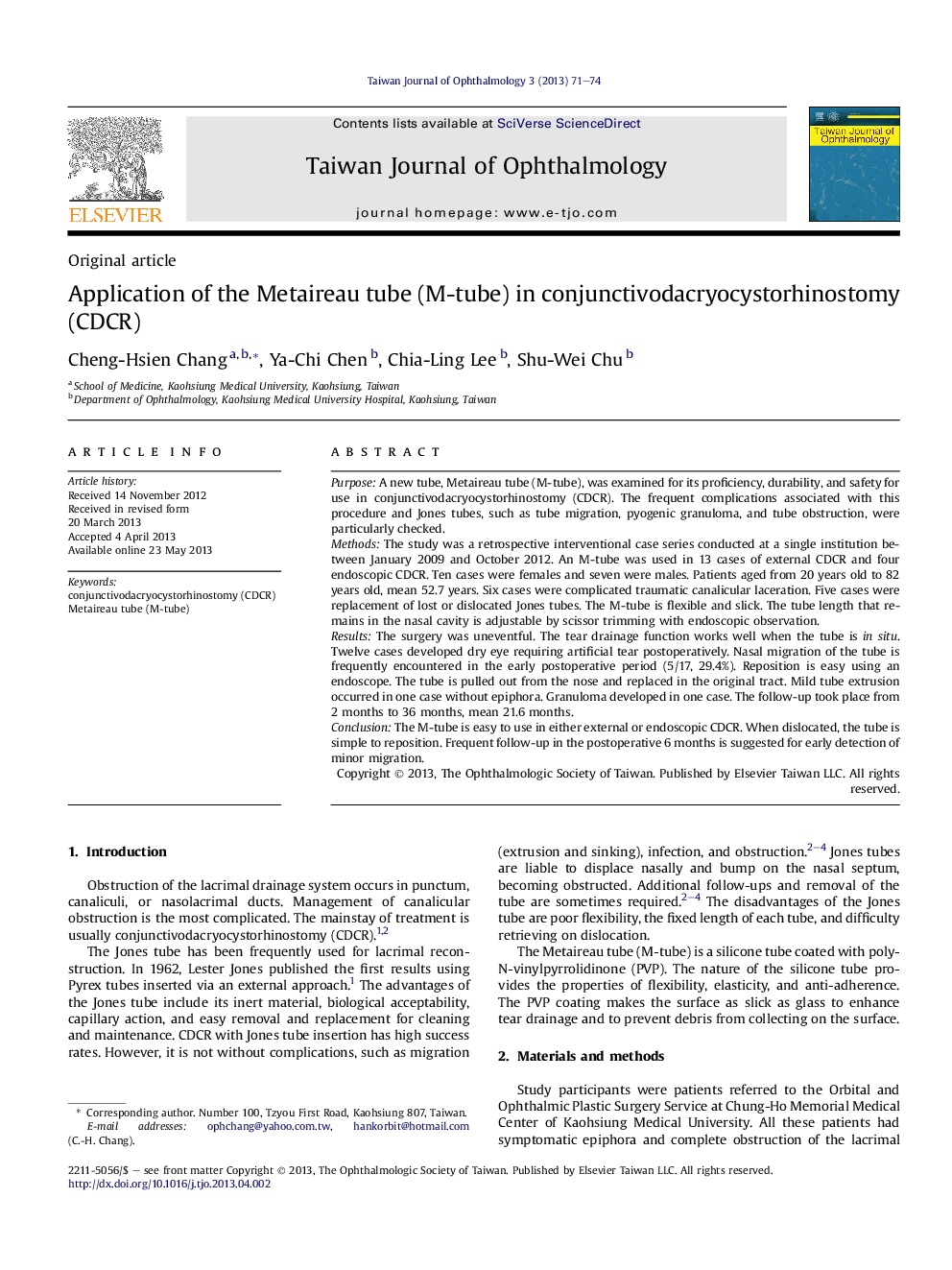 Application of the Metaireau tube (M-tube) in conjunctivodacryocystorhinostomy (CDCR)